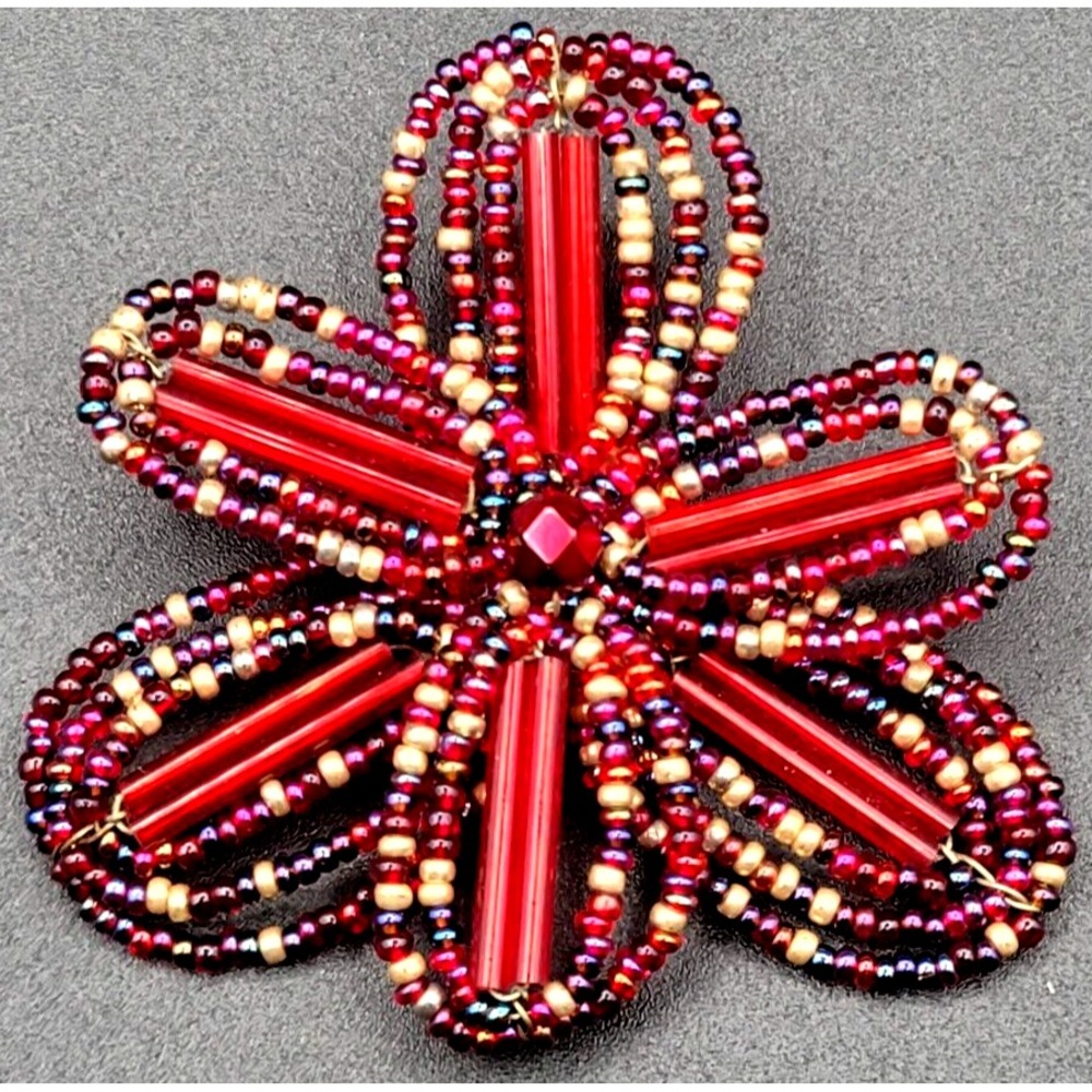 JOAN RIVERS BEADED RED PURPLE FLOWER‎ BROOCH PIN SIGNED VINTAGE